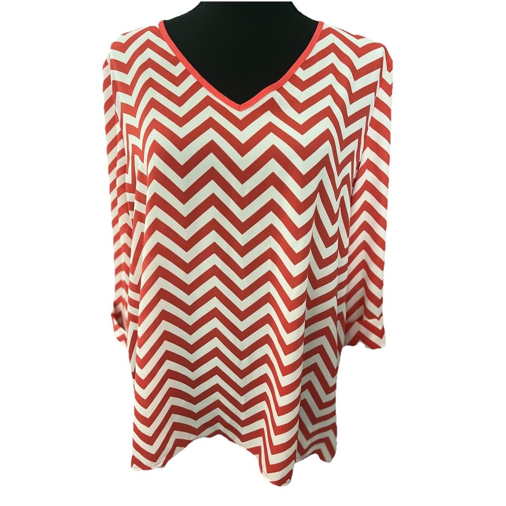 Kiara Coral Red White Chevron Print Blouse Women's L Flowy V-Neck Short‎ Sleeve